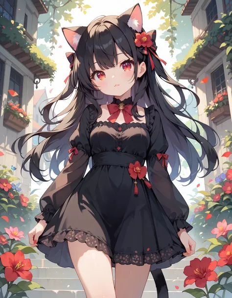 score_9, score_8_up, score_7_up, 1girl, black hair, long hair, red eye, many black flower, front view, cute, black dress, cat ea...