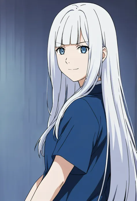 female, long hair, white hair, blue eyes, straight bangs, smiling, white and blue clothes, konoha background scenario