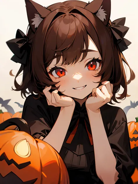 (Halloween)、Brown Hair、Plain background、Medium Hair、Cat Girl、（Cat ears）、Monster Girl、smile、Red Eyes、beautiful girl、Cute pose、