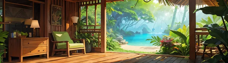 beautiful jungle tree house, cinematic, high-res, vibrant, detailed foliage, sunlight streaming through leaves, tropical paradise, lush greenery, wooden architecture, cozy and inviting, birds chirping, hidden oasis, exotic birds, hanging vines, natural har...