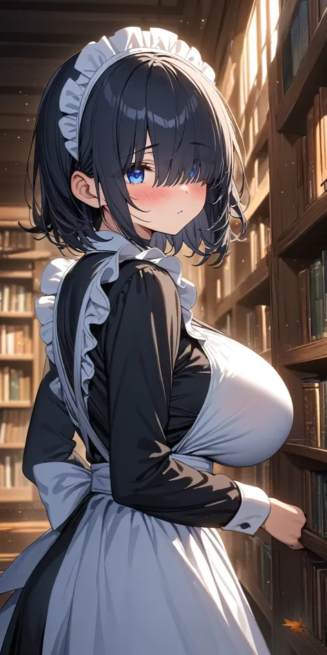 (masterpiece, highest quality:1.2), 1girl, black medium hair, (maid dress), growing light, ((blue eyes)), ((big breast)), light ...