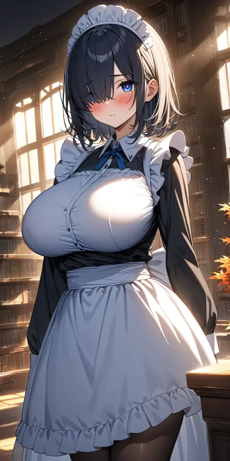 (masterpiece, highest quality:1.2), 1girl, black medium hair, (maid dress), growing light, ((blue eyes)), ((big breast)), light ...