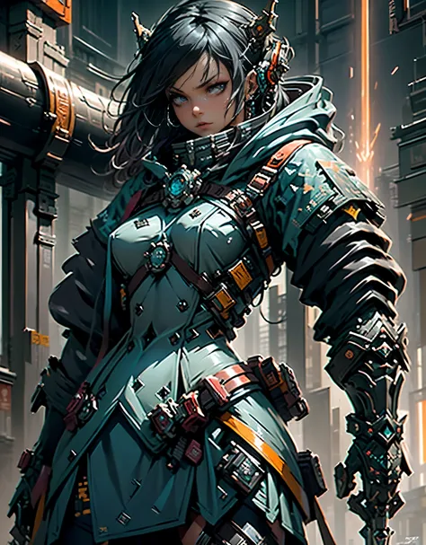 A powerful young steampunk woman, rippling with toned bulging muscles, amplifies heroic intensity through her dynamic pose, there is a blue flame circle directly behind her. set against the sprawling Brooklyn cityscape, shrouded in a stormy haze. She wears...