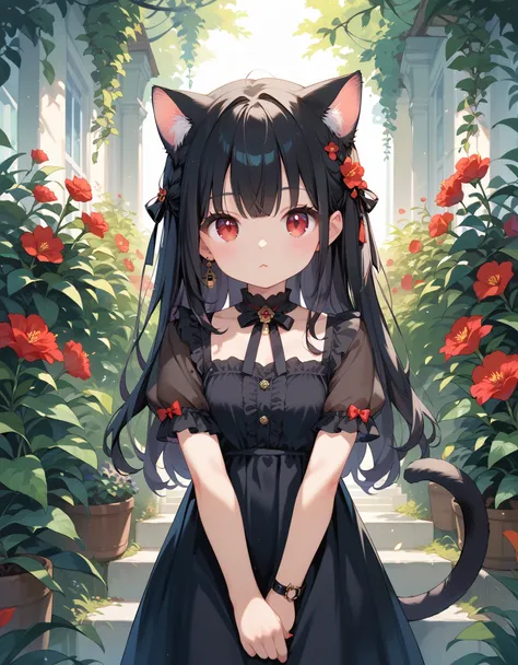 score_9, score_8_up, score_7_up, 1girl, black hair, long hair, red eye, (many black flower:1.2), Front View, cute style, black dress, cat ear, tail