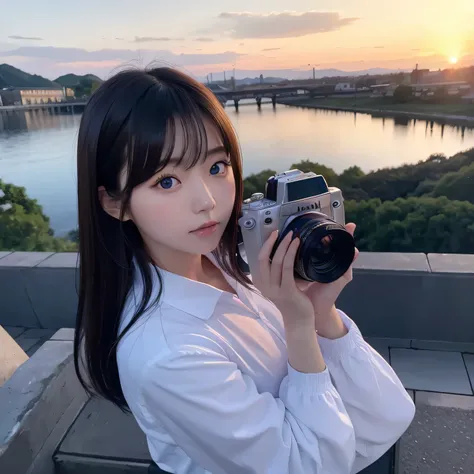 a korean girl holding a camera。bigger pupil, blue eyes、A beautiful view is reflected。The camera has『Nison』The brand name is written、Elaborately drawn down to the smallest detail。Soft light shines into the background、There is a fantastic atmosphere in the a...