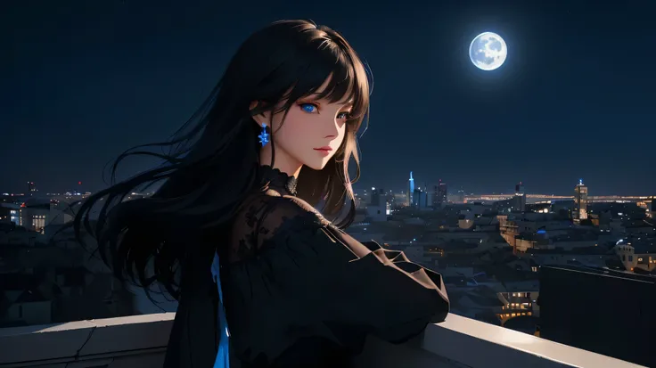 ultra-detailed, beautiful eyes, detailed eyes, detailed face, ultra-detailed, beautiful eyes, Black medium hair, high angle shot, Woman with beautiful blue eyes, looking at the city nightscape on a lonely night, profile, black casual loose-fitting dress, l...