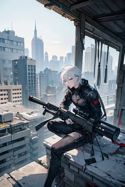 ((best quality)), ((masterpiece)), (detailed), a white man, with striking white hair, a young age of 35, sharp, blue eyes, muscular build, war-torn, crumbling building, on a rooftop, his sniper rifle, is resting on the ledge, black outfit, aiming the scope...