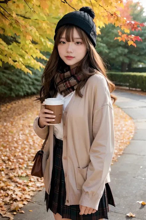 1girl, autumn leaves, bangs, black headwear, blurry background, blush, brown eyes, brown hair, brown scarf, brown skirt, cardigan, coffee, cowboy shot, cup, disposable cup, drink, falling leaves, beanie, holding, holding drink, leaf, long hair, long sleeve...