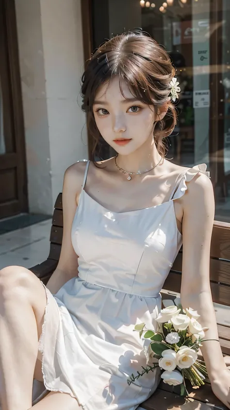 The woman sits on a bench in front of the store，holds a bouquet of flowers, Gorgeous young Korean woman, beautiful Korean women, Beautiful young Korean woman, Korean girl, wearing a cute white dress, cute korean actresses, korean womens fashion model