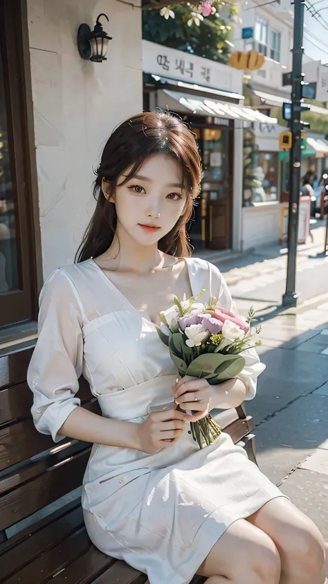 The woman sits on a bench in front of the store，holds a bouquet of flowers, Gorgeous young Korean woman, beautiful Korean women, Beautiful young Korean woman, Korean girl, wearing a cute white dress, cute korean actresses, korean womens fashion model