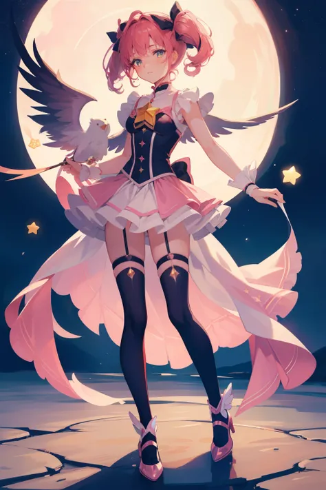 masterpiece, best quality, 1girl, magical girl, black and pink detailed magical girl costume yellow star and moon theme, pretty cure, star guardian, Cardcaptor sakura, puella magi madoka magica, full body, short frilly skirt, black thigh highs, standing, g...