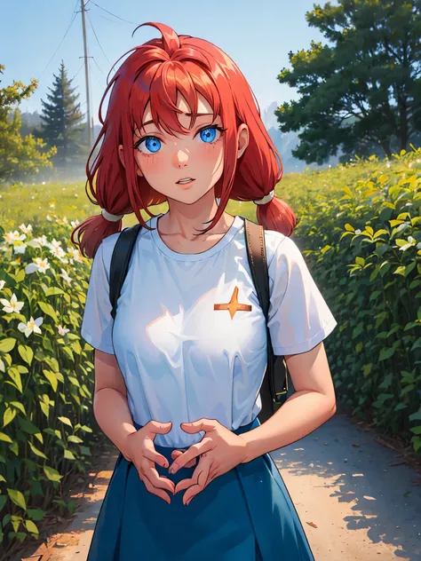 girl, , red-haired, blue eyes, ulyana, pioneer, white shirt and blue skirt