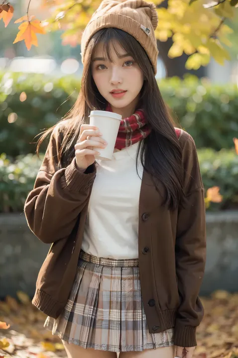 1girl, autumn leaves, bangs, black headwear, blurry background, blush, brown eyes, brown hair, brown scarf, brown skirt, cardigan, coffee, cowboy shot, cup, disposable cup, drink, falling leaves, beanie, holding, holding drink, leaf, long hair, long sleeve...