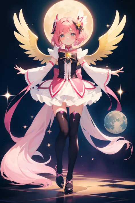 masterpiece, best quality, 1girl, magical girl, black and pink detailed magical girl costume yellow star and moon theme, pretty cure, star guardian, Cardcaptor sakura, puella magi madoka magica, full body, short frilly skirt, black thigh highs, standing, g...