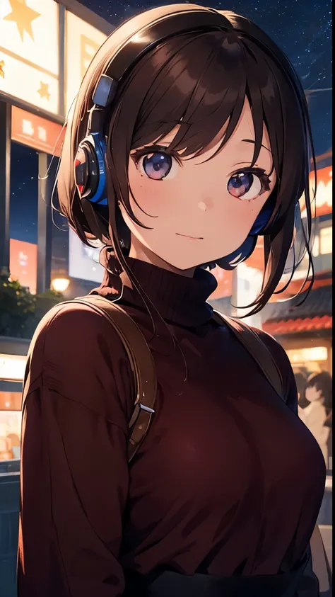 A night sky full of stars、Red turtleneck sweater、Kind Face、Warm lighting Japanese anime style 　Brown Hair　Shortcut The background is the city night view and starry sky　Wearing headphones