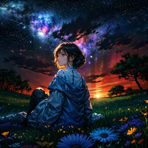 Describe a scene with a cute female character lying on a grassy hill.., Looking at the starry sky. Surround her with colorful nebulae and her favorite constellations..