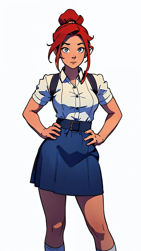 masterpiece, best quality, full body, highest image quality, waitress, looks like Olivia Dunne, bright red hair, ponytail, blue eyes, large breasts, wearing a waitress uniform with apron, White background, empty background, standing, hands on hips