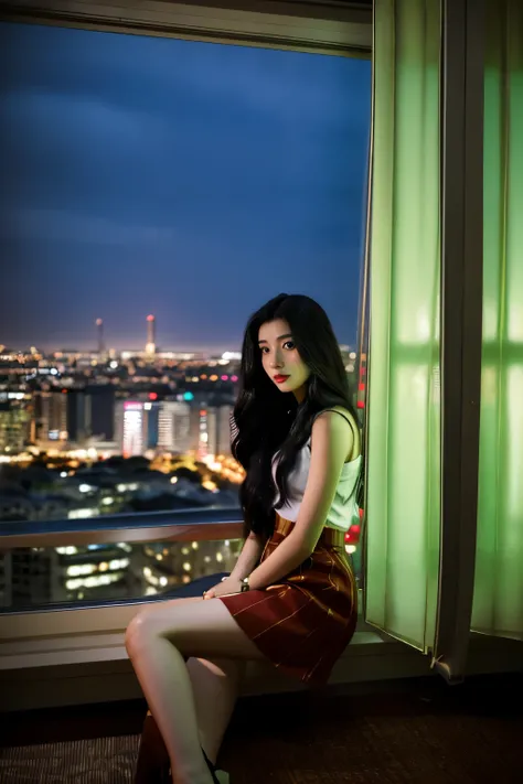 20-year-old women,Long Hair, Black Hair, Wearing a long black skirt,Wearing,Red lips,Slim, narrow waist,Fair and smooth skin,Wearing heels,Full Body Shot,Live in a high-rise tower apartment,The large window offers a view of Tokyo at night.,High resolution,...