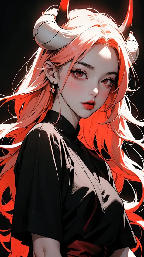 (best quality, sketch:1.2),realistic,illustrator,anime,1 girl with horns, detailed lips,custom, black and red gradient background,neon hair,textured cropping, masterpiece, style retro classic, noir style , Japanese style, full body ((monochrome))