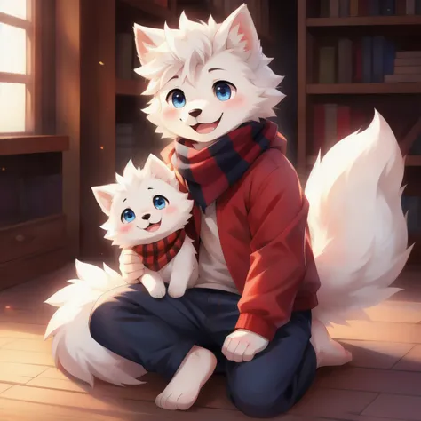 Samoyed, boy, cute, blush, happy face, Blue eyes, red jacket, jeans, scarf, Barefoot, 