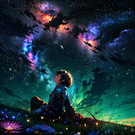 Describe a scene with a cute female character lying on a grassy hill.., Looking at the starry sky. Surround her with colorful nebulae and her favorite constellations..