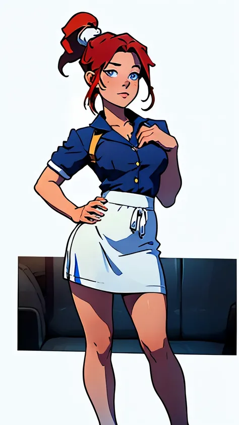 masterpiece, best quality, full body, highest image quality, waitress, looks like Olivia Dunne, bright red hair, ponytail, blue eyes, large breasts, wearing a waitress uniform with white apron, White background, empty background, standing, one hand on hip