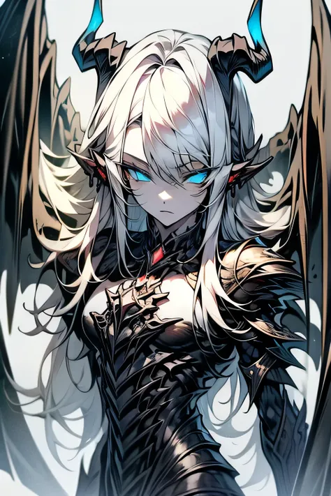 girl, complete black armor, long black horns, blue eyes, long white hair, long black wings, calm look.