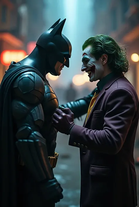 a dramatic scene of batman and the joker, intense battle, tight close-up shot, striking poses, batmans cape billowing, jokers sinister grin, highly detailed, cinematic lighting, dramatic shadows, vibrant colors, comic book style, masterpiece, ultra-detaile...