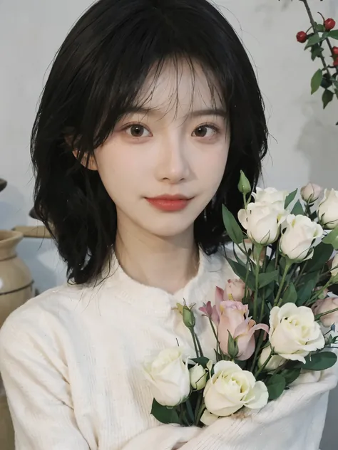 Ultra-clear picture quality，Reality，Full of details，Flower sea background，A bouquet of flowers，Beige sweater，Close-up of a woman with roses in her hair，Beige sweater，Sunny，Temperament beauty，Beige sweater，A face full of atmosphere，Advanced Face，A faint smi...