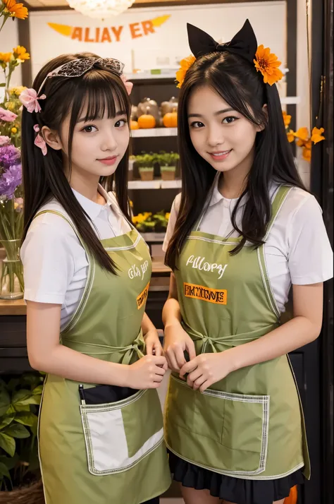 Working at a Halloween flower shop、girls wearing aprons and （20 years old）