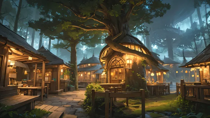 Fantastic World,Fantasy worldview, nature, Mash Town in the Forest,The entire building is made from natural mushrooms, giant_Round mushroom,Mash Store,Coffee cup on the terrace,Steaming coffee cup,night, Fantasy, 