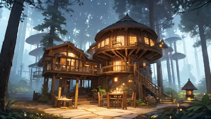 Fantastic World,Fantasy worldview, nature, Mash Town in the Forest,The entire building is made from natural mushrooms, giant_Round mushroom,Mash Store,Coffee cup on the terrace,Steaming coffee cup,night, Fantasy, 