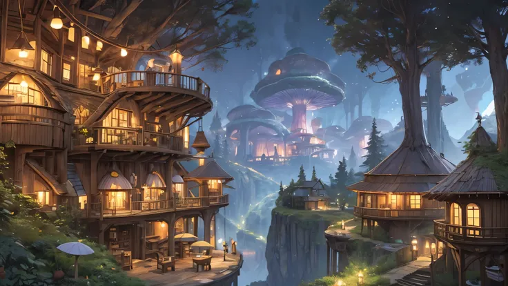 Fantastic World,Fantasy worldview, nature, Mash Town in the Forest,The entire building is made from natural mushrooms, giant_Round mushroom,Mash Store,Coffee cup on the terrace,Steaming coffee cup,night, Fantasy, 