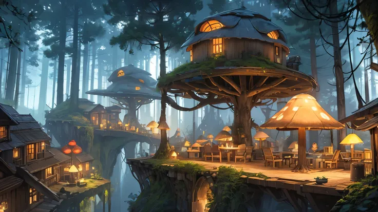 Fantastic World,Fantasy worldview, nature, Mash Town in the Forest,The entire building is made from natural mushrooms, giant_Round mushroom,Mash Store,Coffee cup on the terrace,Steaming coffee cup,night, Fantasy, 