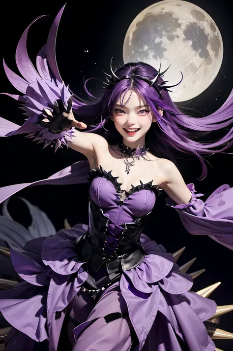 Ghost, (monster girl), purple skin, spikes, spiky purple hair, a fanged grin, floating hands, dressed in a dark-purple dress, floating in midair, masterpiece, best quality