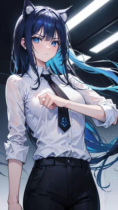 a girl with tall blue hair, beautiful detailed blue eyes, wearing a white shirt and black pants with a black tie, with cat ears and a cat tail, a boy with black hair, wearing a white shirt and black pants with a black tie, melancholic expression, annoyed e...