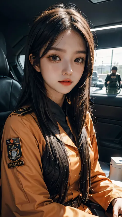 long black-haired white 17-year-old girl wear military suit, orange cape, big hazel eyes, sci-fi, dark mood, 