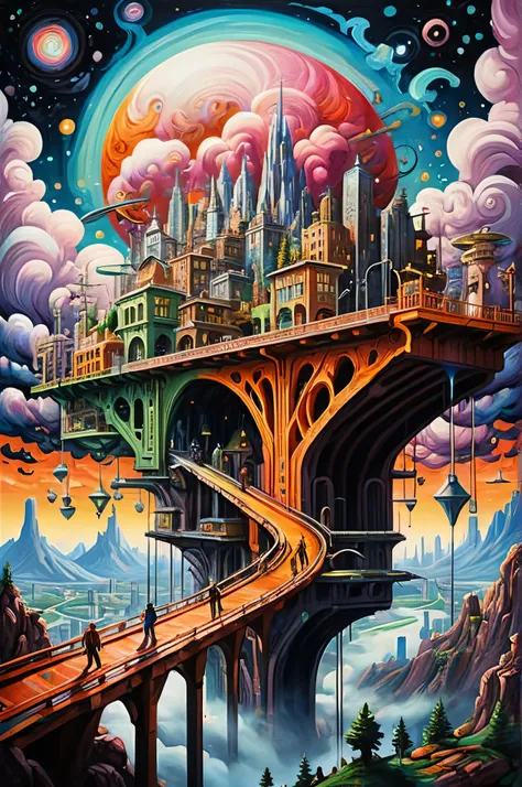 acrylic painting a vivid scifi illustration of a city, bridge, psychedelic clouds, star sky
castlesland