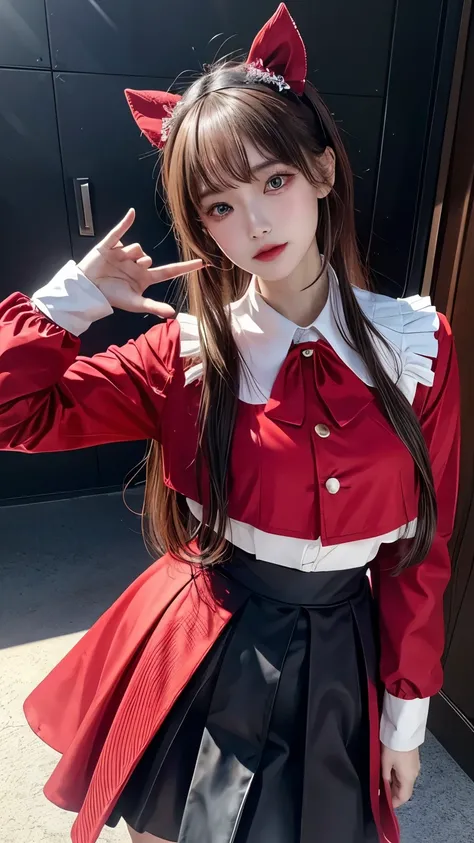 (Nsfw) ,　(1girl and 1boy), (standing sex:1.5)、　　　　(((Standing Sex))),(standing　doggy),　(Behind him),   masterpiece, 最high quality, Scullin, Hair Ribbon, Ascot, Red jacket, Long sleeve, Frilled Skirt, Fingerless gloves, looking at viewer, Frowning, Standing...