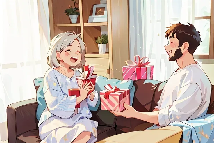 A son gives a gift to his gray-haired mother，Older women，on the couch, giving gifts to people, heartwarming, shutterstock, gifts, holding gift, happy birthday, holiday season, 1614572159, true to life, being delighted and cheerful, wooden, celebrating a bi...