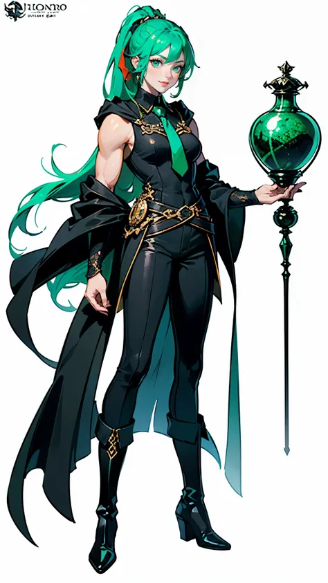 ((masterpiece,best quality,4k,highres)),((character concept art)), 1 female, witch, 175cm height, long hair, short ponytail,(emerald green hair colour), ultra finely detailed eyes,(emerald green eye colours), extraordinary gorgeous, charming, smirk smile, ...