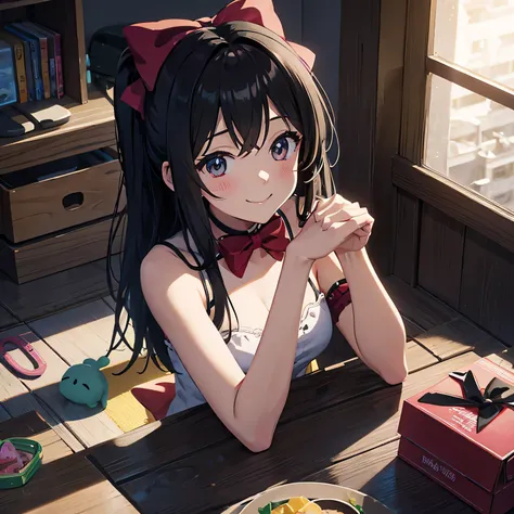 anime graphics, girl sexy, Alone, Rice, Hair bow, toys, angle down, two hands, confident smile looking at the ceiling