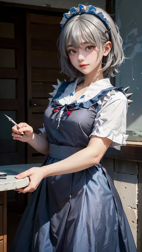 ((16 nights sakiya)), ((touhou project)), cosplay, 20-year-old woman, (((gray hair)), ((medium spiky hair)), ((blue maid outfit)...