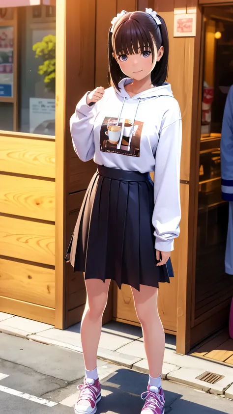 High resolution,8k,Best Quality,detailed,Semi-realistic anime,3D anime style,One Japanese girl、Age 15、Long sleeve sweatshirt、Very short skirt、sneakers、
Standing in front of a wooden coffee shop、Urban Background、