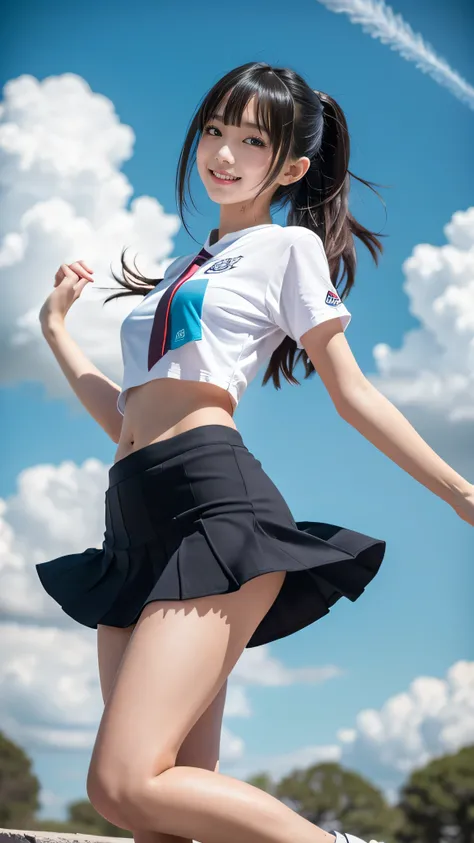 ④）Create an ultra-realistic 8K resolution image of a slender ultimate high school student, inspired by the legendary Behemoth, with features reminiscent of Idaten’s agility and speed, capturing a cute and youthful vibe. She wears a belly-baring top that ad...