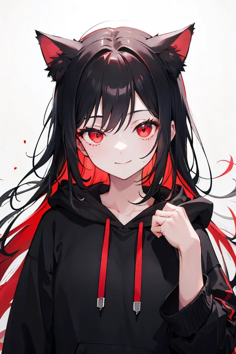 ((best quality)), ((masterpiece)), (detailed), 1girl, black, red eye, black hoodie, short girl, cat ear, standing looking at viewer, black hair white back ground, long hair, glowing red hair, face forward, smile