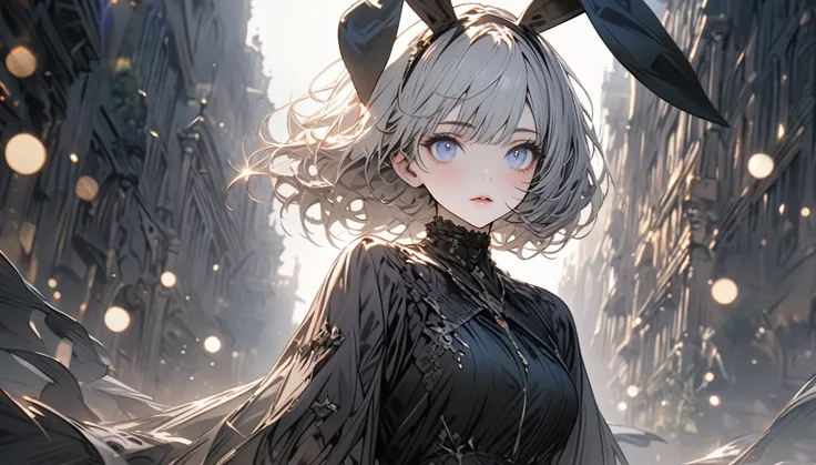 Girl, mushroom cut with whitish hair and standing bunny ears, pale skin, beautifully detailed blue eyes, purple and black gothic dress, (Highly detailed elegant), Detailed skin, Adds dramatic and symbolic elements to the scene, Depth of border, Bokeh, Silk...