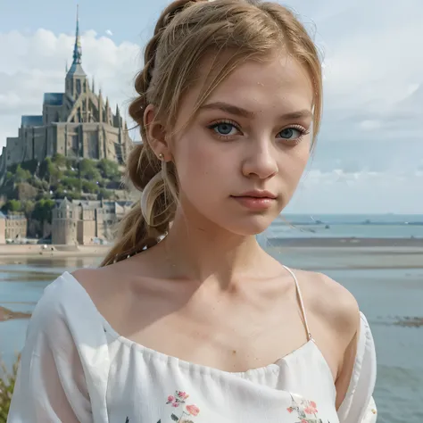 Russian teenage girl, Blonde ponytail hairstyle, Beautiful eyes with details, Beautiful mouth with details, Sexy figure, Full-fledged person, Floral jumpsuit set, White cloth, Mont Saint Michel (Mont Saint-Michel)As a backdrop