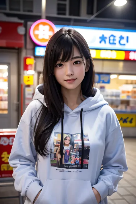 (8k、RAW Photos、Best Quality、masterpiece:1.2)、(Realistic、Photorealistic:1.37)、Ultra-detailed、Ultra-high resolution、1 girl、Seeing the viewer、Beautifully detailed face、smile、narrow、(Slim waist) :1.3)、Hoodie、 Disheveled Hair, Asymmetrical bangs、Beautiful detai...