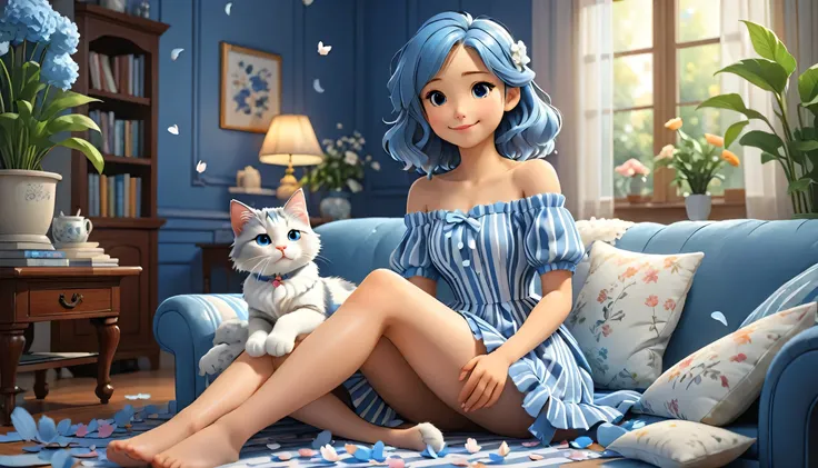 "((Lo-Fi drawing styles:1.5)), A heartwarming, highly detailed 3D-rendered illustration of a young woman in an anime style, relaxing in a living room filled with magical flower petals, wearing a fashionable blue and white striped off-shoulder dress with a ...